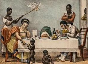 Pintura mostrando escravos servindo uma família