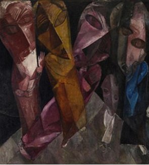 Pintura escura mostrando rostos de pessoas tristes em formato triangular