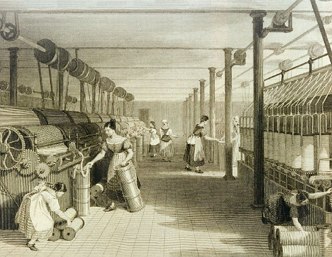 Ilustra&ccedil;&atilde;o de uma f&aacute;brica de algod&atilde;o inglesa da &eacute;poca da Revolu&ccedil;&atilde;o Industrial