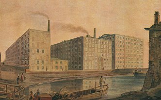 Pintura mostrando uma f&aacute;brica de algod&atilde;o na cidade de Manchester em 1820