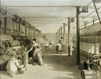 Imagem mostrando mulheres trabalhando numa f&aacute;brica de algod&atilde;o inglesa de 1834