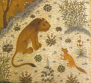 Ilustração antiga de uma fábula indiana de Vishnu Sharma, mostrando um chacal e um leão