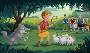 Ilustração da fábula o menino e o lobo