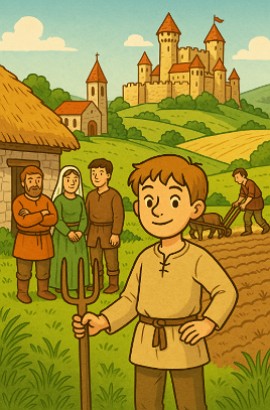 Ilustra&ccedil;&atilde;o de um menino com sua fam&iacute;lia perto de uma vila medieval e um castelo