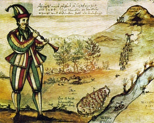 Imagem histórica de um flautista com roupas coloridas conduzindo ratos para um rio