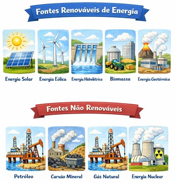 Ilustra&ccedil;&atilde;o com exemplos de fontes de energia renov&aacute;veis e n&atilde;o renov&aacute;veis