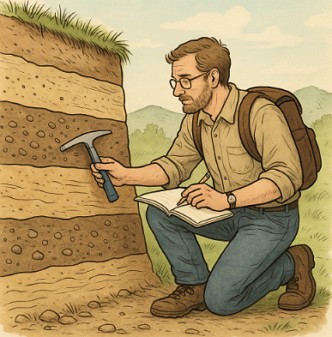 Ilustra&ccedil;&atilde;o did&aacute;tica mostrando um ge&oacute;logo estudando as camadas da terra