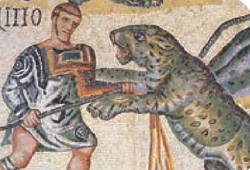 Mosaico romano mostrando um gladiador lutando contra uma fera