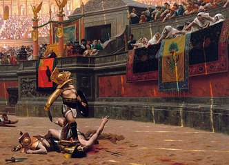 Pintura mostrando um gladiador vencedor ap&oacute;s luta na arena