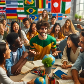Ilustração mostrando um brasileiro aprendendo com pessoas de outros países