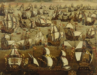 Pintura mostrando uma batalha naval da Guerra Anglo-Espanhola