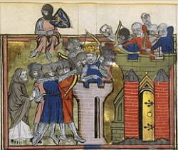 Cena de uma guerra durante o feudalismo, ataque a um castelo