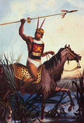 Pintura de um indígena sobre um cavalo segurando uma lança