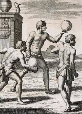 Pintura antiga mostrando homens segurando bolas