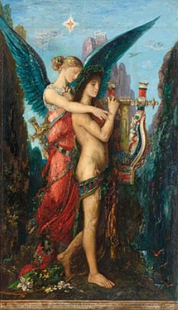 Pintura mostrando Hes&iacute;odo com uma harpa e a musa