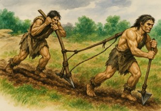 Ilustra&ccedil;&atilde;o mostrando dois homens arando a terra no per&iacute;odo Neol&iacute;tico
