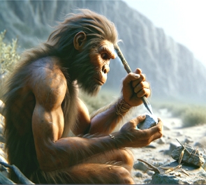 Homo erectus fazendo uma ferramento de pedra