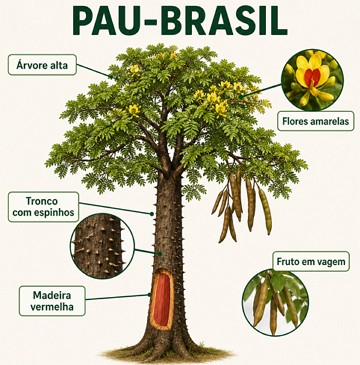 Ilustra&ccedil;&atilde;o mostrando as caracter&iacute;sticas do Pau-Brasil