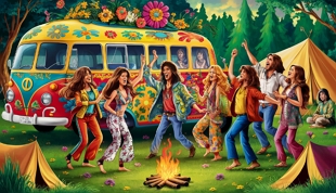 Ilustração representando um acampamento hippie dos anos 1960