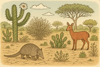 Ilustra&ccedil;&atilde;o da Caatinga mostrando o solo seco, dois animais e vegeta&ccedil;&atilde;o.