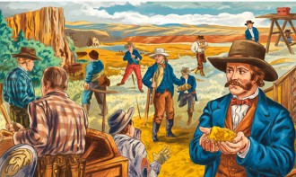 Ilustra&ccedil;&atilde;o em formato de desenho mostrando mineiros americanos com ouro pr&oacute;ximos de um mina