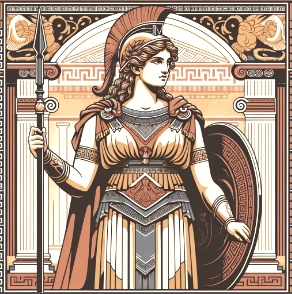 Ilustração mostrando a deusa Atena com lança e escudo