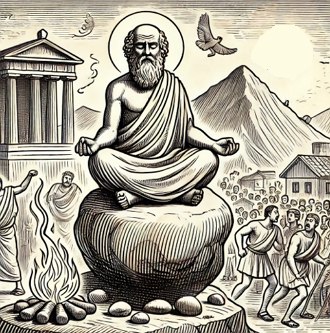 Ilustra&ccedil;&atilde;o mostrando um fil&oacute;sofo estoico meditando enquanto pessoas est&atilde;o agitadas nas ruas de uma cidade da Gr&eacute;cia Antiga