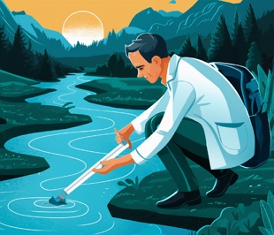 Ilustração de um hidrólogo fazendo coleta de água em um rio para análise