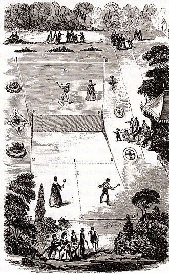 Ilustra&ccedil;&atilde;o antiga mostrando jogadores de t&ecirc;nis e pessoas assistindo