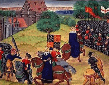 Pintura mostrando uma revolta de camponeses na Idade Média