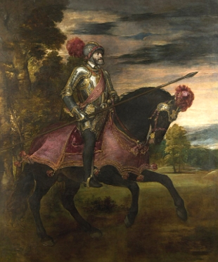 Pintura do imperador Carlos V montado em seu cavalo e segurando uma lança