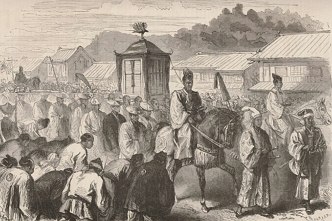 Ilustra&ccedil;&atilde;o mostrando o imperador Meiji montado em um cavalo em visita a T&oacute;quio