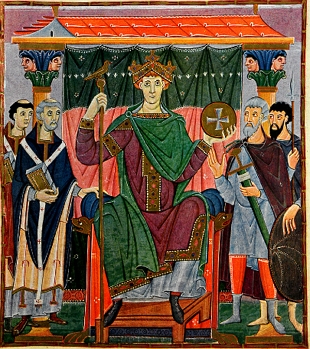 Pintura medieval mostrando o imperador Oto III cercado por príncipes e bispos.