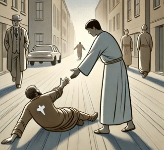 Ilustra&ccedil;&atilde;o mostrando uma pessoa ajudando outra que est&aacute; ca&iacute;da na rua