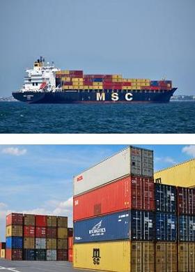 Imagem superior de uma navio cargueiro e inferior de containers num porto.