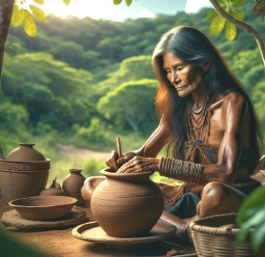 Ilustração de uma índia fazendo um pote de cerâmica