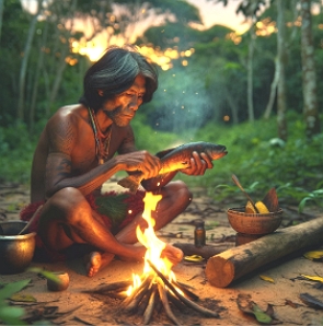 Ilustração de um indígena comendo peixe perto de uma fogueira