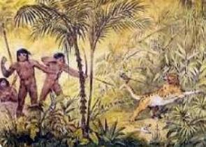 Pintura de índios caçando uma onça