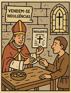 Ilustra&ccedil;&atilde;o did&aacute;tica representando um religioso cat&oacute;lico vendendo indulg&ecirc;ncia para uma pessoa.