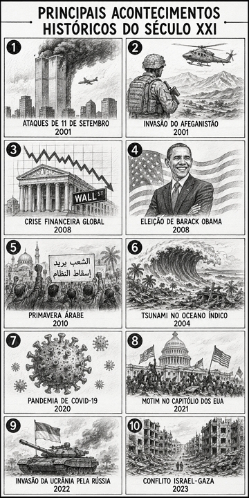 Infogr&aacute;fico com os 10 principais acontecimentos hist&oacute;ricos do s&eacute;culo XXI