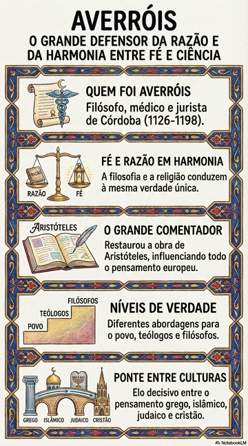 Infogr&aacute;fico com s&iacute;ntese sobre Averr&oacute;is e sua filosofia