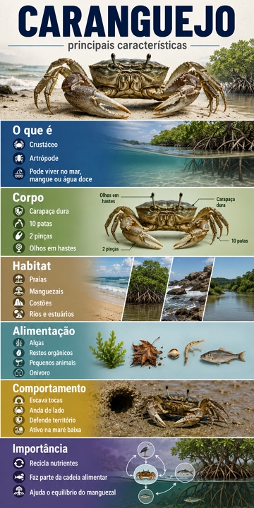 Infogr&aacute;fico sobre as caracter&iacute;sticas do caranguejo