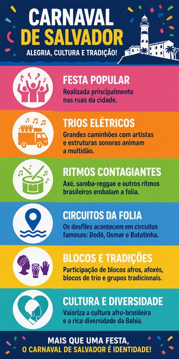 Infogr&aacute;fico com as caracter&iacute;sticas do Carnaval de Salvador