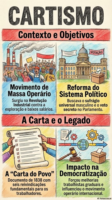 Infogr&aacute;fico com resumo hist&oacute;rico sobre o Cartismo, contexto e objetivos.