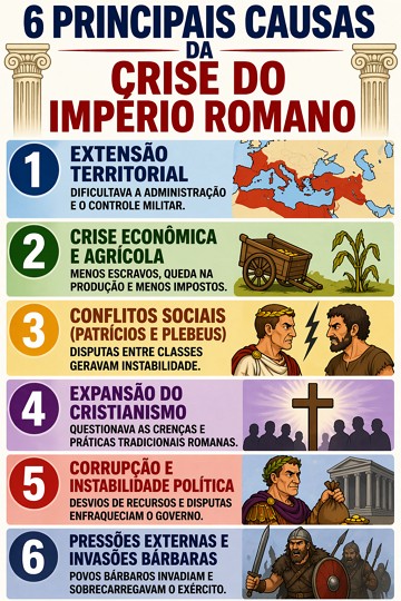 Infogr&aacute;fico mostrando as principais causas da crise do Imp&eacute;rio Romano