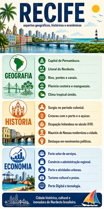 Infogr&aacute;fico sobre a cidade de Recife focando na geografia, hist&oacute;ria e economia
