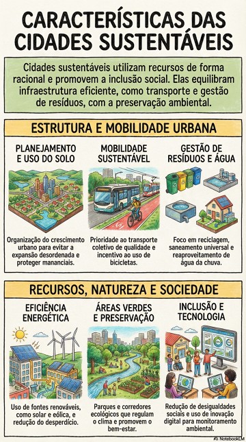 Infogr&aacute;fico com as caracter&iacute;sticas das cidades sustent&aacute;veis