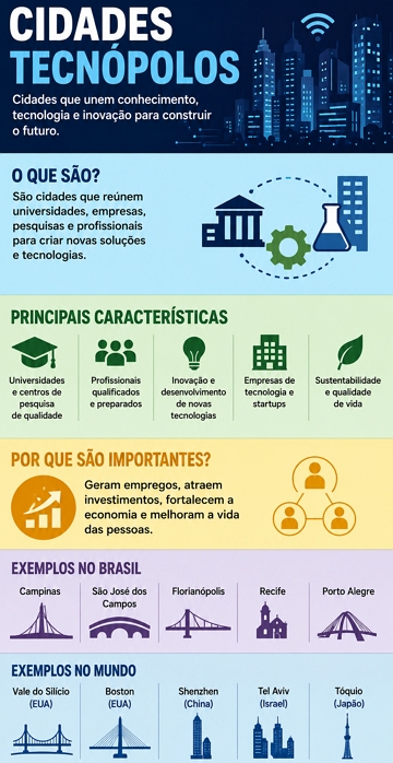 Infogr&aacute;fico sobre as cidades tecnopolos, caracter&iacute;sticas e exemplos