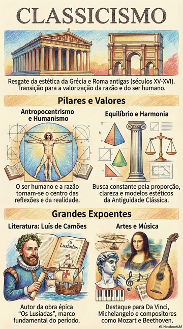 Infogr&aacute;fico com s&iacute;ntese hist&oacute;rica do classicismo com suas caracter&iacute;sticas e grandes expoentes