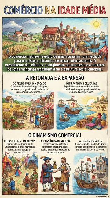 Infogr&aacute;fico com os principais aspectos e caracter&iacute;sticas do Com&eacute;rcio na Idade M&eacute;dia